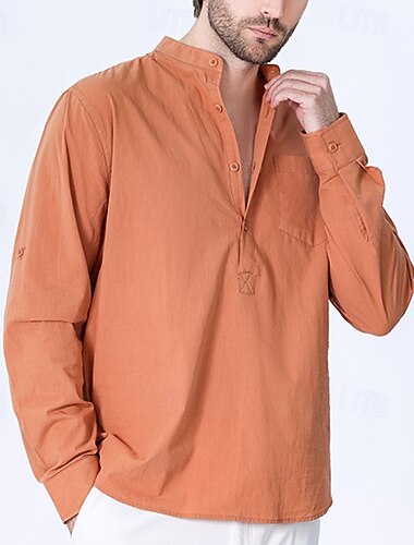  Per uomo Camicia Camicia con colletto alla coreana Camicia popover Camicia casual Nero Bianco Giallo Blu reale Azzurro cielo Manica Lunga Semplice Henley Vacanza Quotidiano Tasca Frontale