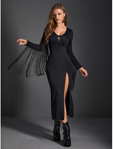  גותיות צָהֳרַיִים שמלות פעמון קוסם מורטישה אדמס עַיִט סֶדֶק צבע אחיד מעטפת \ עמוד צווארון V תחפושות בגדי ריקוד נשים פנטזיה האלווין (ליל כל הקדושים) קרנבל הצגה מפלגה מבוגרים שמלה