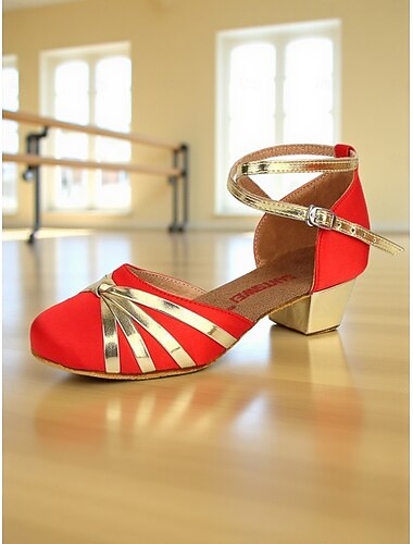  Women's Girls' Red and Gold Latin Dance Shoes - Low Heel Professional Ballroom Shoes for Kids & Teens Practice and Performance