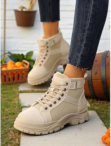  Bottines de combat beiges à lacets pour femmes – bottines en similicuir et toile à semelle épaisse pour la randonnée, les aventures en plein air, les voyages et les tenues décontractées