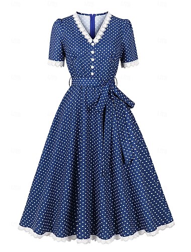  エレガント ヴィンテージ 1950年代風 正午 ドレス フィット＆フレア 波点 Ｖネック 仮装 女性用 クリスマス バレンタイン・デー マスカレード パーティー カジュアル 大人 ドレス ベルト 春夏