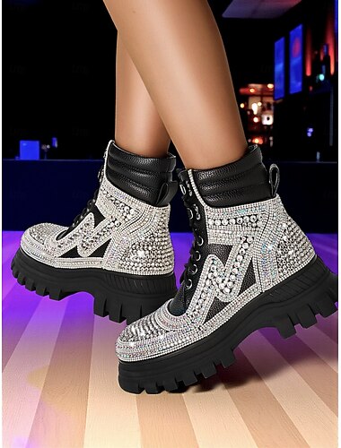  Botas plataforma de combate femininas com strass - botas de cano curto brilhantes com cadarço e sola grossa para festas e saídas à noite &moda de festival