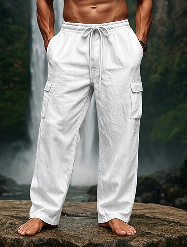  Hombre Pantalones de lino Pantalones Pantalones de verano Pantalones anchos Correa Cintura elástica Pierna recta Plano Comodidad Transpirable Longitud total Exterior Casual Diario Vacaciones Moda