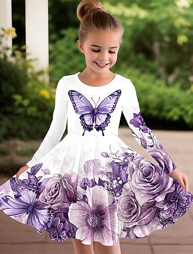  Mädchen' 3D Schmetterling Blume Kleid Langarm Sommer Frühling Urlaub Täglich Ferien Prinzessin Schön Süß Kinder 4-12 Jahre Freizeitkleid A Linie Kleid Knielang Normale Passform