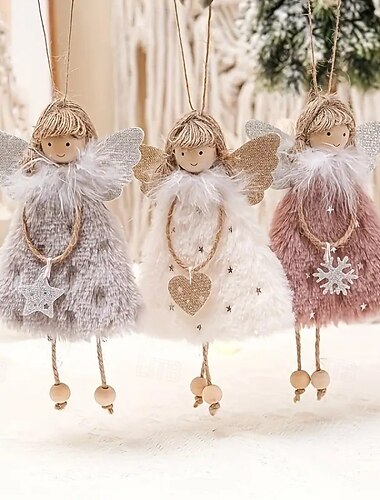  3 kpl jouluisia käsintehtyjä enkelikoristeita, viehättäviä joulukuusenkoristeita, pehmeitä enkeliripustuskoruja, juhlavia yksityiskohtia, täydellisiä joulukuusen koristeisiin, kausiluonteisia
