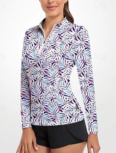  Damen Blumenmuster Golf-Poloshirt Tennis Shirt Langarm Druck Viertel Postleitzahl Pullover UV Schutz Elastisch Atmungsaktiv Tennis Golfspiel Pickleball Reißverschlusskragen Hemd Polo Blau