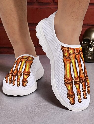  Pánské flyknit nazouvací tenisky s 3D potiskem kostlivcovy nohy – lehká prodyšná ležérní obuv na halloweenské párty a cosplay
