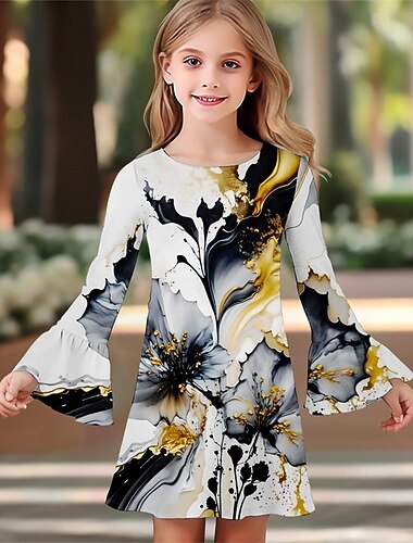 Girls' 3D Flower Dress Ruffle Dress Long Sleeve Summer Spring Vacation Daily Holiday Beautiful Sweet Kids 4-12 Years Casual Dress Knee-length Regular Fit   Girls' 3D Flower Dress Ruffle Dress Long Sleeve Summer Spring Vacation Daily Holiday Beautiful Sweet Kids 4-12 Years Casual Dress Knee-length Regular Fit