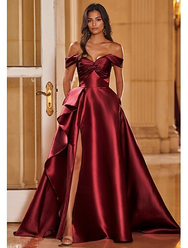  A-lijn Hofsleep Galajurken Avondjurken Baljurk  Formele kleding Elegant glinsterende Celebrity-Stijl Mouwloos Sweetheart halslijn Tuinfeest Bruiloft Stretchsatijn met Ruches Geplooid Split