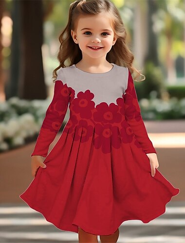  ragazze' 3D Fiore Abito Manica Lunga Estate Primavera Vacanza Quotidiano Ferie Principessa Bello Dolce Bambini 4-12 Anni Vestito Casual Abito a trapezio Lunghezza al ginocchio Vestibilità regolare