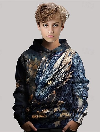  Para Meninos 3D Dragão Moletom Manga Longa Primavera Outono Moda Roupa de rua Infantil 4-12 anos Com Capuz Ao ar livre Casual Diário Normal