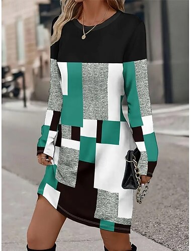  Per donna Mini Abito Abito in maglia Vestito T-Shirt Abito a Tubino Casual Ufficio Quotidiano Ferie Vestibilità regolare Grafico Geometrico Manica Lunga Girocollo Verde Primavera Autunno Inverno