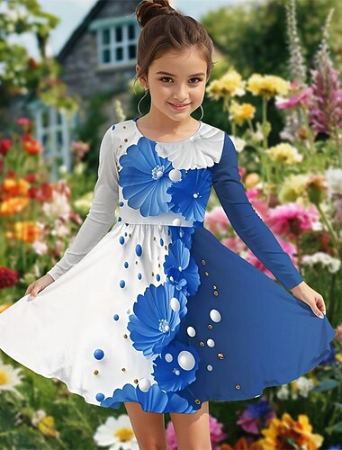  ragazze' 3D Floreale Abito Manica Lunga Estate Primavera Vacanza Quotidiano Ferie Principessa Bello Dolce Bambini 4-12 Anni Vestito Casual Abito a trapezio Lunghezza al ginocchio Vestibilità regolare