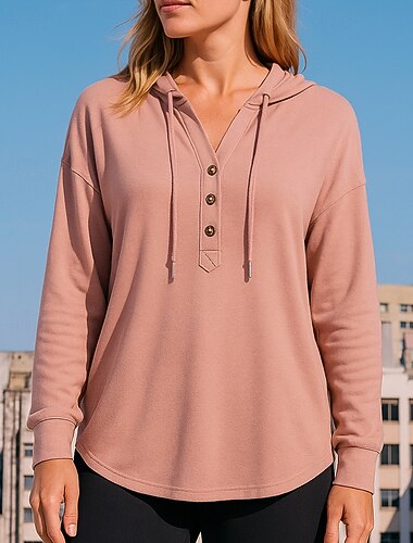  Dam Avslappnad tröja Pullover med huva Snörning Långärmad Överdelar Fritids- Höst Solid färg Mode Utomhus Resor Sportkläder Sportkläder Svart Rodnande Rosa Vinröd