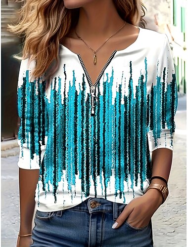  Dam T-shirt Nyans Grafisk Randig Elegant Vintage Stylish Långärmad V-hals Rund hals Naggad hals Vanliga toppar Dagligen Helgen Dragkedja Mönster Blå Fuchsia Grön Vår Höst Vinter