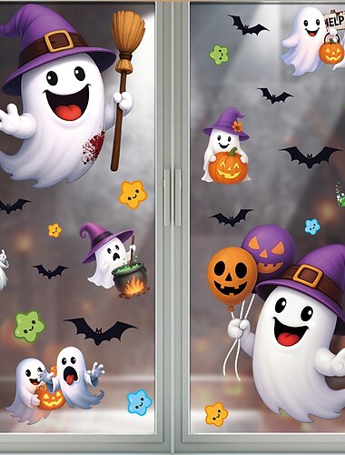  2枚のハロウィーンの窓用ステッカー、クリエイティブな漫画のクモ、幽霊、カボチャの装飾 &コウモリ、静電気でくっつく、ハロウィンパーティーのホームデコレーション