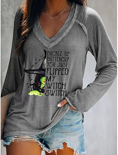  T-shirt για γυναίκες Halloween Γραφικό μάγισσας Γραμματοσειρά Vintage Στυλάτο Κλασικό Μακρύ Μανίκι V Λαιμός Κανονικά Τοπ Καθημερινές Εκτυπώσεις Κόκκινο Σκοτεινό Μπλε Πράσινο Γκρι Άνοιξη Φθινόπωρο