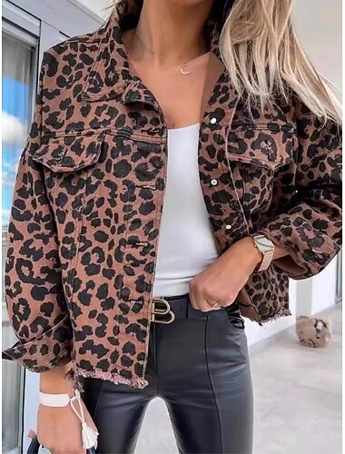  Γυναικεία Casual Jacket Άνετο Αναπνέει Κουμπιά Στάμπα Καθημερινό Λεοπάρ Διακοπές Δρόμος Causal Καθημερινά Ρούχα Μονόπετο Κοντό Όρθιος Γιακάς Κανονικό Μακρυμάνικο Εξωτερικά ενδύματα Λεοπαρδαλί