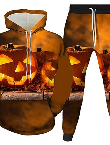  Halloween Per uomo Zucca di Halloween 2 pezzi Set di felpe 3D Tuta Felpa con Cappuccio Manica Lunga Pantaloni lunghi Con Cappuccio Casual Quotidiano Athleisure Abito da festa Stampa 3D Primavera