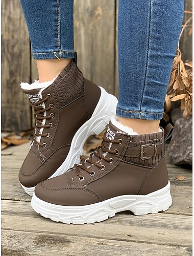  Botas de invierno para mujer con forro de piel marrón: botines con cordones y suela gruesa con cuello de punto para clima frío, exteriores y uso casual.