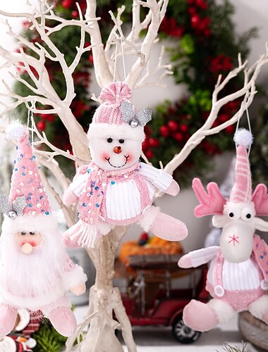  Roze, pluchen kerstversieringen om op te hangen, kerstman-, sneeuwpop- en rendierversieringen in de vorm van pailletten voor de kerstboom, muur en als decoratie voor een feest.