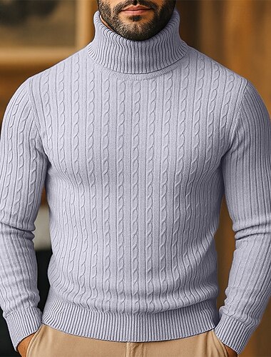  Herren Pullover Zopfmuster Stricken Normale Oberteile Gestrickt Schmale Passform Einfach Rollkragen Strickware Zeitgenössisch Lässig Alltagskleidung Bekleidung Herbst Winter Wein Natürliches Gelb S M