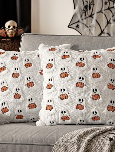  Capa de Almofada de Pelúcia de Halloween com Bordado de Abóbora e Fantasma Capa Decorativa de Almofada para Sofá Quarto e Decoração de Casa para Feriados