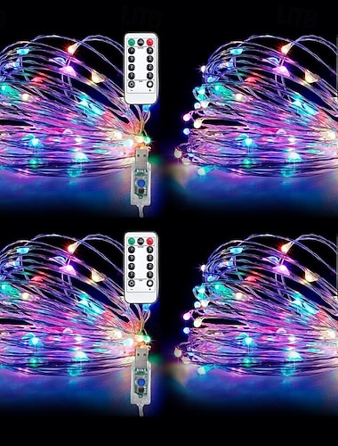  4 قطع 10 متر/33 قدم 100 شعاع ليد سلسلة أضواء خيالية هالوين عيد الميلاد عيد الحب حفل زفاف داخلي وخارجي سلك نحاسي ضوء سلسلة USB التوصيل في 8 وظيفة التحكم عن بعد IP44 للماء