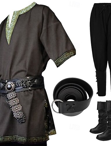  ימי הביניים רנסנס המאה ה 17 מגפיים חגורת מותניים חולצה פיראט לוחם אביר ויקינג אביר קלטי רקום רקמה תחפושות בגדי ריקוד גברים ויקינג פנטזיה האלווין (ליל כל הקדושים) נשף מסכות הצגה נשף מסכות LARP מבוגרים