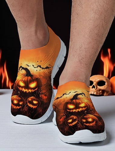  Zapatillas Flyknit naranjas sin cordones para hombre con estampado de calabaza de casa embrujada: calzado informal para festivales de Halloween, fiestas nocturnas, cosplay y eventos al aire libre.