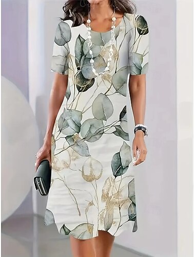  elegante abito midi da donna, abito t-shirt, abito a trapezio, festa, sera, casual, formale, quotidiano, vestibilità regolare, floreale, astratto, manica corta, girocollo, rosso, blu, verde, primavera