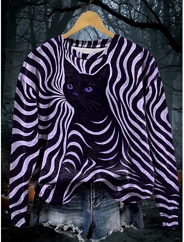 Damen Pullover Sweatshirt Schwarze Katze Grafik Schädel Katze Mode Lässig Langarm Rundhals Regelmäßige Tops Straße Alltagskleidung Lässiger Druck Schwarz Lila Orange Hellgrau Herbst Winter   Damen Pullover Sweatshirt Schwarze Katze Grafik Schädel Katze Mode Lässig Langarm Rundhals Regelmäßige Tops Straße Alltagskleidung Lässiger Druck Schwarz Lila Orange Hellgrau Herbst Winter