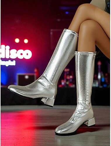  Dames gouden en zilveren metallic knielaarzen - glanzende imitatieleren retro disco go-go laarzen met blokhak voor kostuumfeesten, Halloween en dansoutfits uit de jaren 80