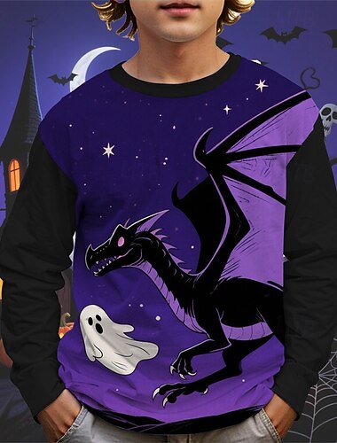  Halloween Pojkar 3D Tecknat Pumpa Spöke T-shirt Långärmad Vår Höst Mode Grundläggande Barn 4-12 år Rund hals Utomhus Ledigt Dagligen Normal