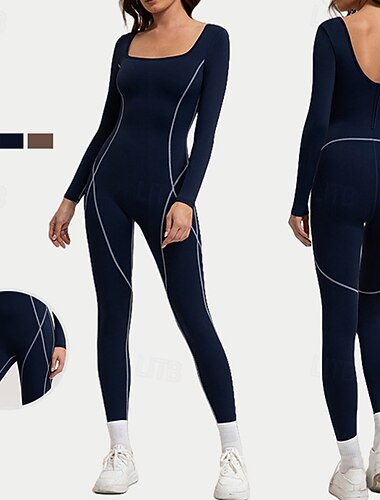  女性用 ワークアウトジャンプスーツ ワンピースロンパース 秋 バックレス 純色 ボディスーツ ブラック ピンク スパンデックス ジム ピラティス ヨガ おなかコントロール 長袖 スポーツ アクティブウェア タイトフィット