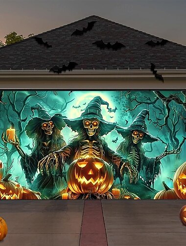  Κάλυμμα γκαραζόπορτας για το Halloween, πανό με σκελετούς μαγισσών και λαμπερά φανάρια κολοκύθας, φόντο με στοιχειωμένο δάσος, σεληνόφως, ταπισερί για τρομακτική εξωτερική διακόσμηση
