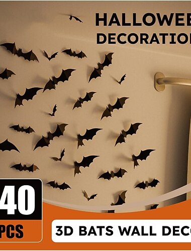  140個のハロウィーン3Dコウモリ壁装飾、不気味なハロウィーンパーティー用品ステッカー、コウモリ壁デカール、寝室、浴室、家、ドア、窓、オフィス用のかわいいハロウィーン装飾屋内
