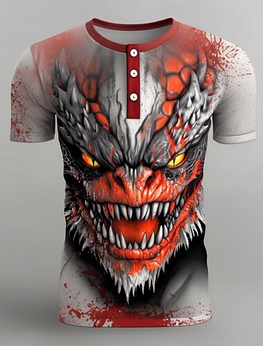  Herren Halloween Drache T Shirt Henley Hemd Kurzarm Designer Retro Vintage Grafik Straße Lässig Täglich Sommer Frühling Ganzjahres Rot Henley Henley T-Shirt