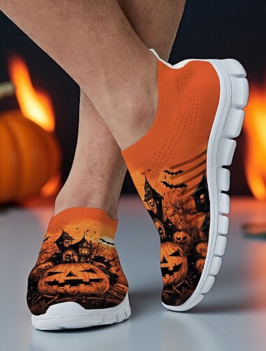  Pánské oranžové flyknit nazouvací tenisky s potiskem dýně s motivem strašidelného domu – ležérní halloweenské boty na večírky, cosplay a venkovní akce