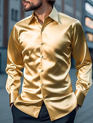 Per uomo Camicia Come la seta Camicia in raso Camicia elegante Camicia casual Camicia con Bottoni Semplice Formale Matrimonio Nero Bianco Giallo Rosso Manica Lunga Bavero Primavera & Autunno Tutte le