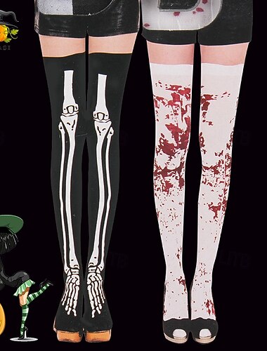  2 pary rękawiczek z czaszką szkieletu na Halloween, skarpetki, pończochy do uda świecące w ciemności, horror, straszny kostium dla dorosłych, damskie, na Halloween, karnawał, impreza, łatwe kostiumy