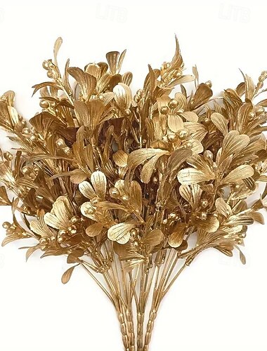  4 plantas artificiales doradas: decoraciones florales artificiales para Navidad, Acción de Gracias y festividades de invierno. Uso interior y exterior. Material plástico sin plumas. Manualidades de