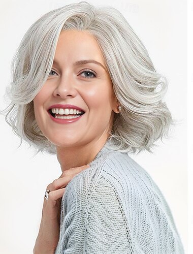  peruca curta ondulada cinza-prateada feminina - cabelo sintético resistente ao calor, bob em camadas para cosplay, halloween &moda cotidiana