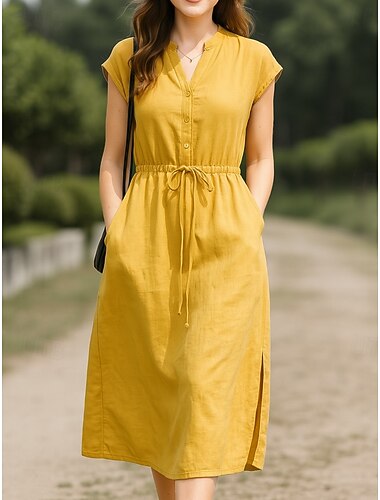  Dam Midiklänning Konstbomullslinne A linjeklänning Sommarklänning Ledigt Dagligen Normal Slät Kortärmad Hög krage Gul Rubinrött Sommar
