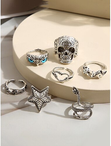  Halloween gothic ringset voor dames – vintage zilveren schedel slang ster dobbelstenen verstelbare ringen voor feest, cosplay en nachtleven