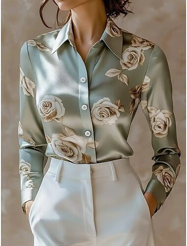  Per donna Camicia da lavoro Floreale Grafico Elegante Essenziale Casual Manica Lunga Colletto a Camicia Top Regolari Lavoro Abbigliamento da sera Quotidiano Giallo Verde chiaro Blu Verde Primavera