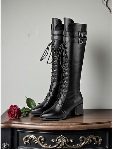  Botas femininas de couro legítimo até o joelho, material de couro bovino premium, detalhe de cadarço e fivela, salto bloco, calçado casual urbano para mulheres