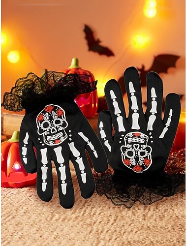  Halloween skelet handschoenen voor dames – zwarte kanten manchet met suikerschedelprint, kostuumaccessoires voor feesten, cosplay en het nachtleven