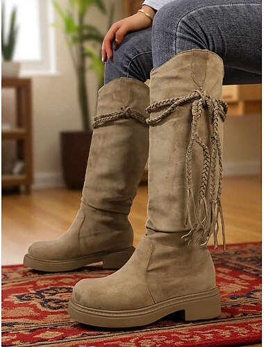  Mulheres Botas Botas desleixadas Diário Botas Longas Mocassim Salto Baixo Ponta quadrada Boêmia Casual Camursa Sintética Mocassim Cáqui