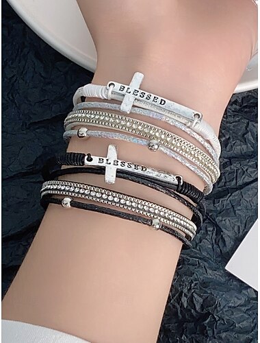  Pulsera cruzada multicapa con diamantes de imitación para mujer: brazalete inspirador de cuero sintético con un toque "bendecido" para ocasiones informales, religiosas y especiales.